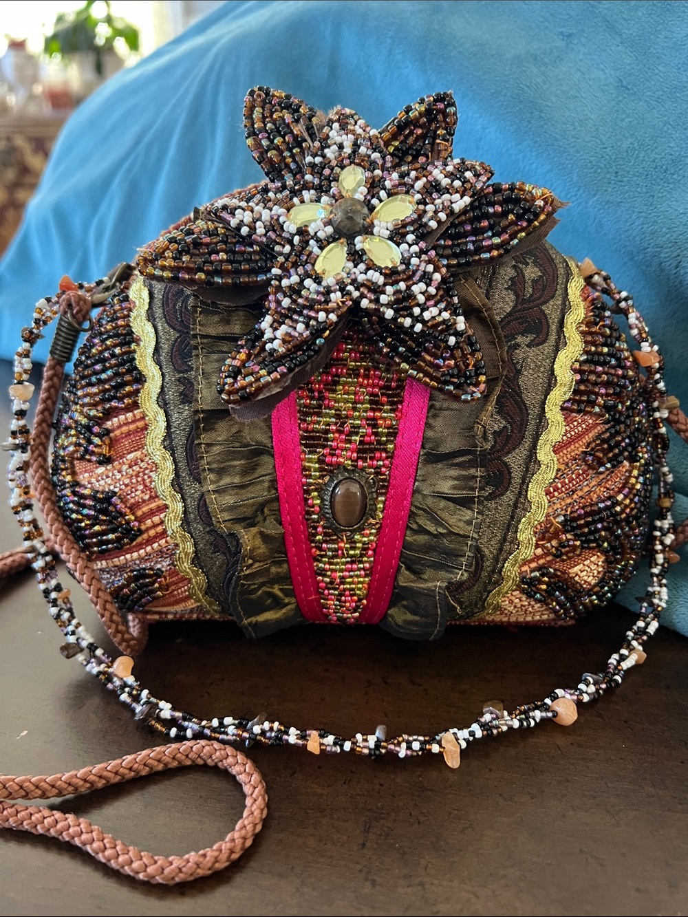 Artisan Beaded Floral Crossbody Bag in Brown, Pink and Gold